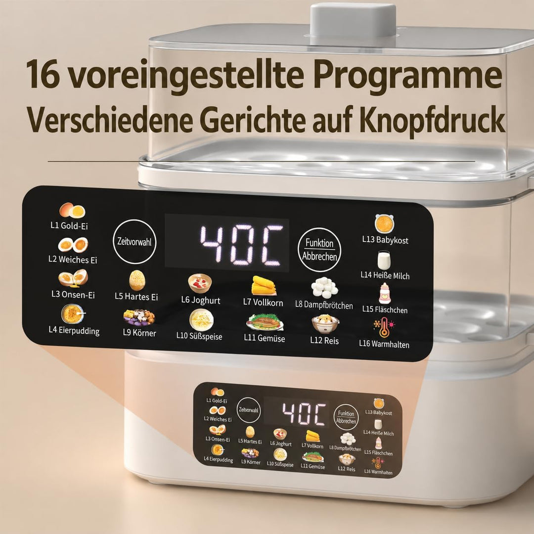 Eierkocher für 12 Eier, Multifunktions-Dampfgarer 2,5L mit 16 Programmen, 300W Eier Kocher mit Edels