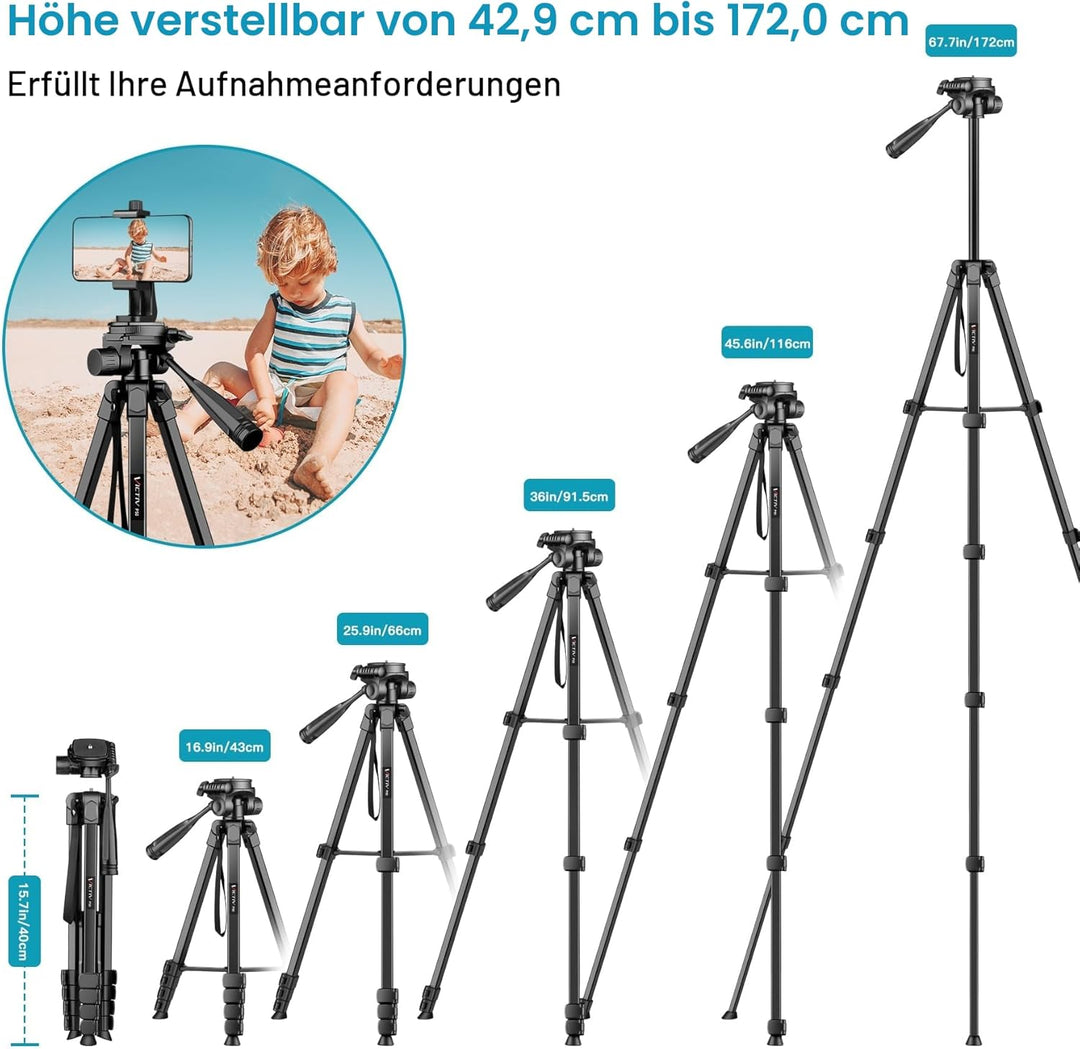 Victiv Neues Kamera Handy Stativ, 172cm Tragbares Camera Tripod, Aluminium Dreibein Stativ mit Abneh