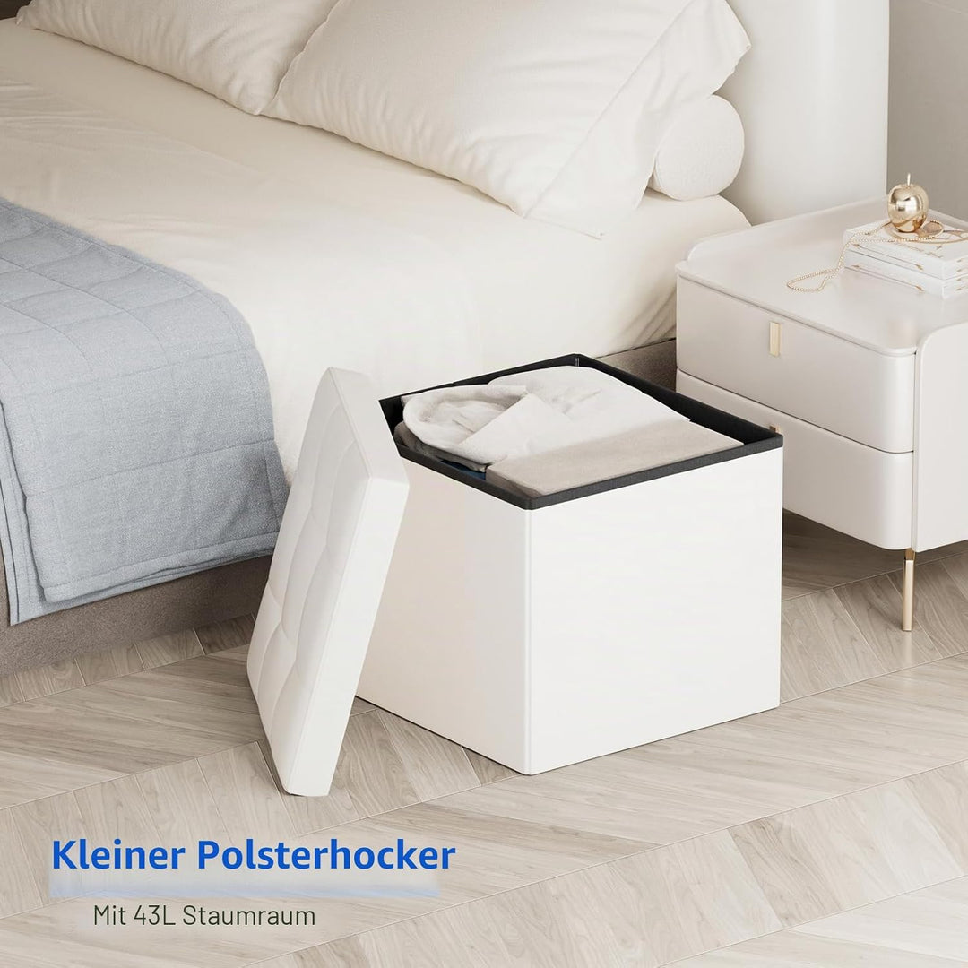 BRIAN & DANY Sitzhocker faltbar Sitzbank Kunstleder Aufbewahrungsbox mit Stauraum, Weiss, 38 x 38 x