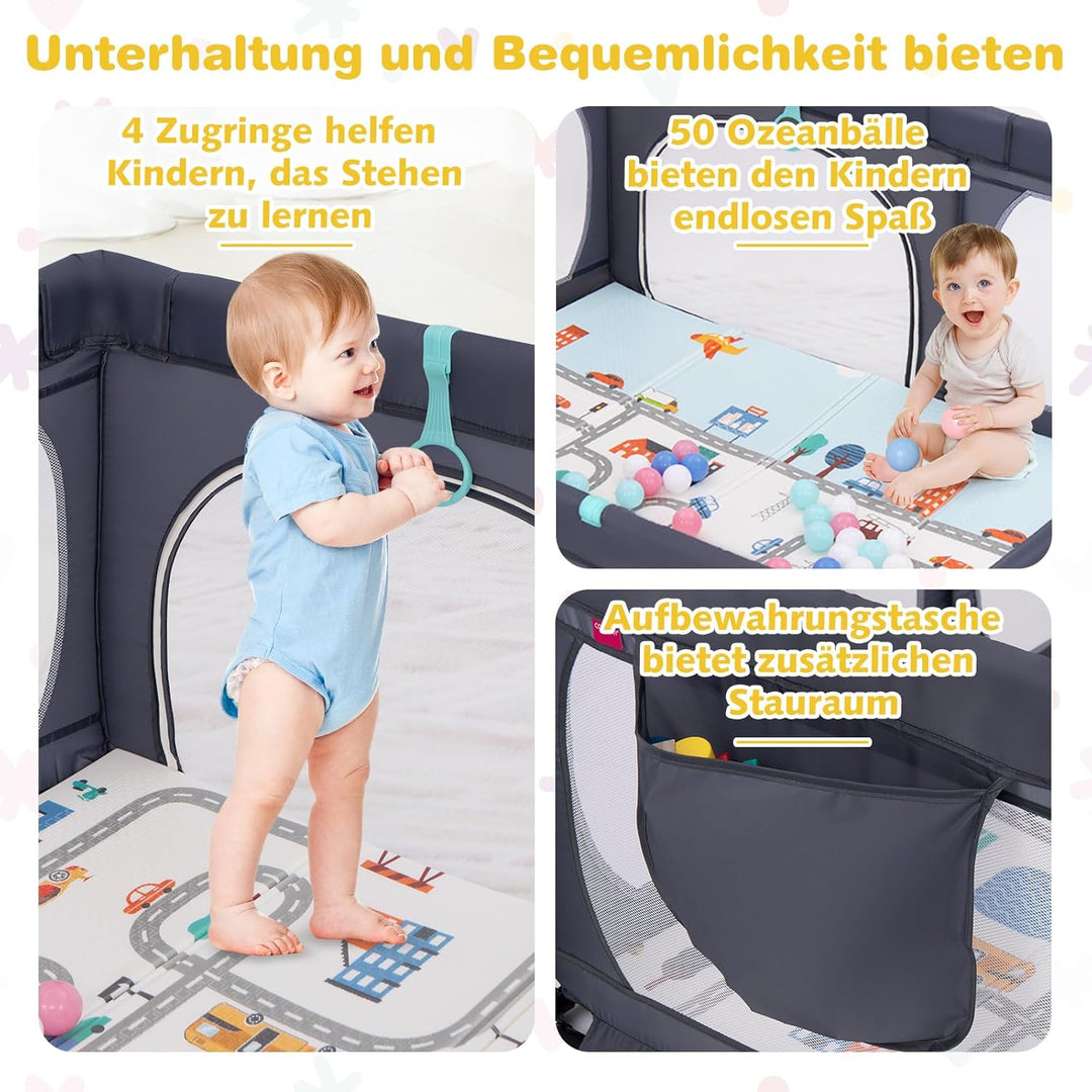 GOPLUS 189x158 cm Laufstall Baby, Laufgitter mit atmungsaktiver Netz, 4 Reissverschlusstür, Tragetas