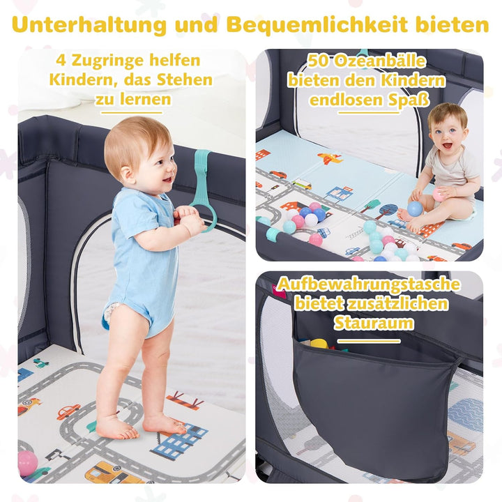 GOPLUS 189x158 cm Laufstall Baby, Laufgitter mit atmungsaktiver Netz, 4 Reissverschlusstür, Tragetas