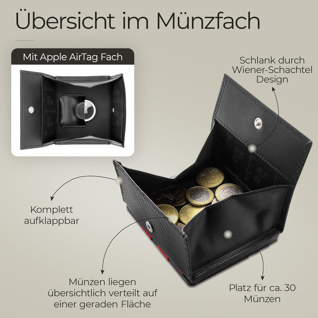Jaimie Jacobs Flap Boy AirTag Edition Magic Wallet mit Münzfach Echtleder (Carbon mit Rot), Carbon m