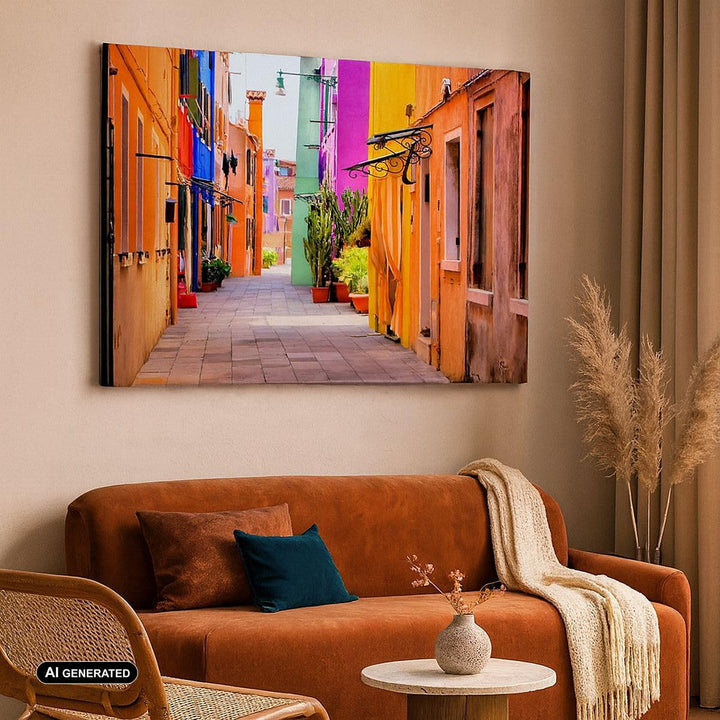 Bilder auf Leinwand 100x70cm Leinwandbild mit Rahmen Sommer Strasse Haus Gross Wanddeko Bild Schlafz