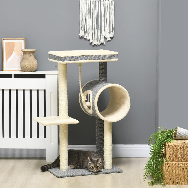 PawHut Kratzbaum 104 cm Katzenbaum mit Katzenhöhle, Katzenkratzbaum mit Spielball, Katzenbaum mit 2