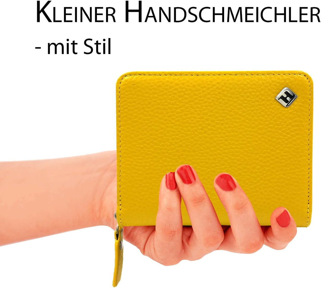 Portemonnaie Damen klein viele Fächer Leder, gelb, Reissverschluss, Münzfach, RFID Schutz | Geldbörs