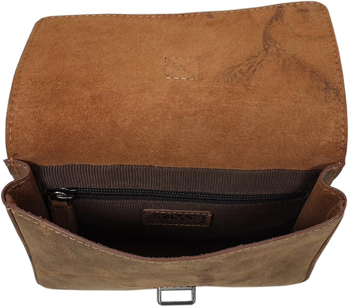 Echt Büffel-Vollleder Handtasche mit Tragegurt in Hoch- oder Querformat mit Hirsch-Motiv in Braun (M