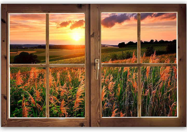 Feeby Vlies Leinwandbild Sonnenuntergang Über Einer Wiese 90x60 cm Druckbild Wandbild Wanddekoration