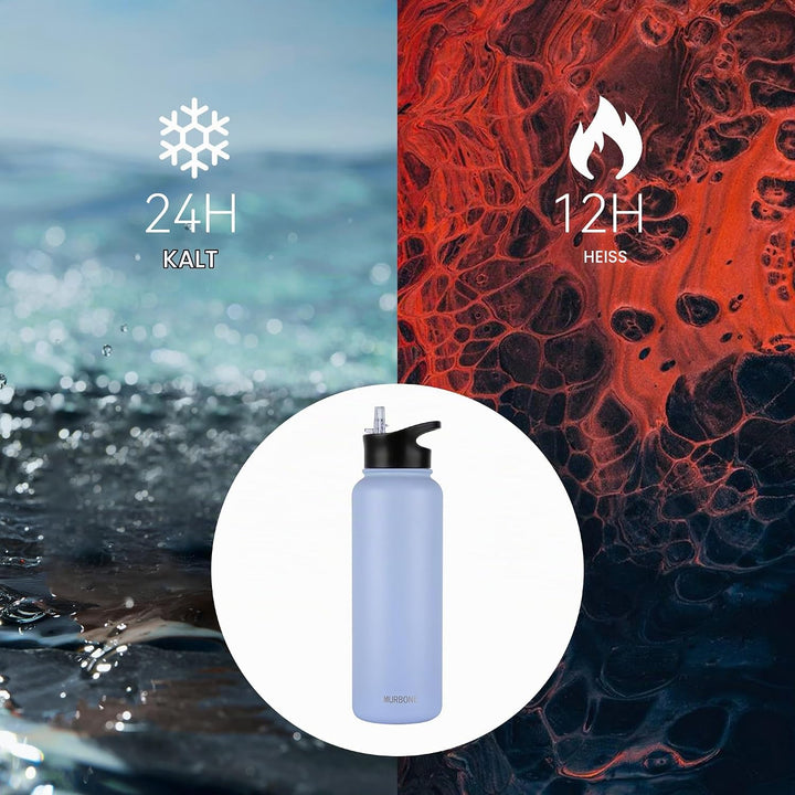 Edelstahl Trinkflasche 1.2L (+2 Deckel)-mit Strohhalm,BPA frei,Thermosflasche Auslaufsicher,Kohlensä