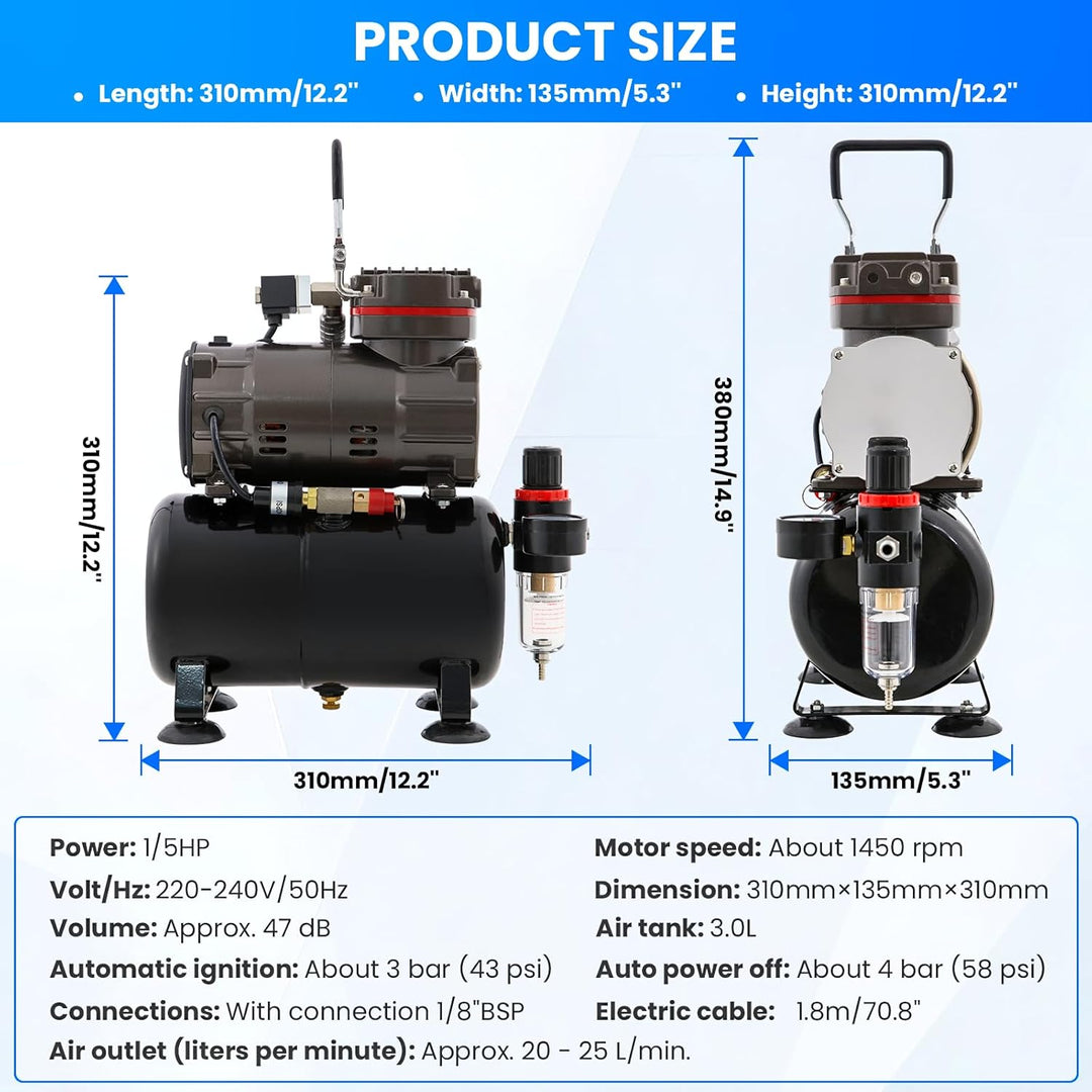 Airbrush Kompressor mit Lufttank, Mächtig Luftstrom und Luftdruck, Druckeinstellknopf, Geringeres Ra