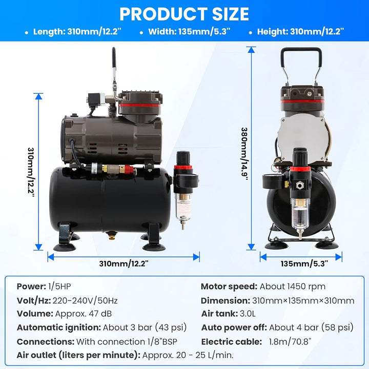 Airbrush Kompressor mit Lufttank, Mächtig Luftstrom und Luftdruck, Druckeinstellknopf, Geringeres Ra