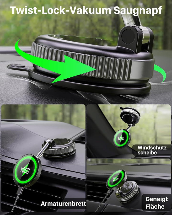 YOSH für Magsafe Autohalterung mit 60W Autoladegerät, [Vakuum Saugnapf & N55 Starke Magnets], Handyh