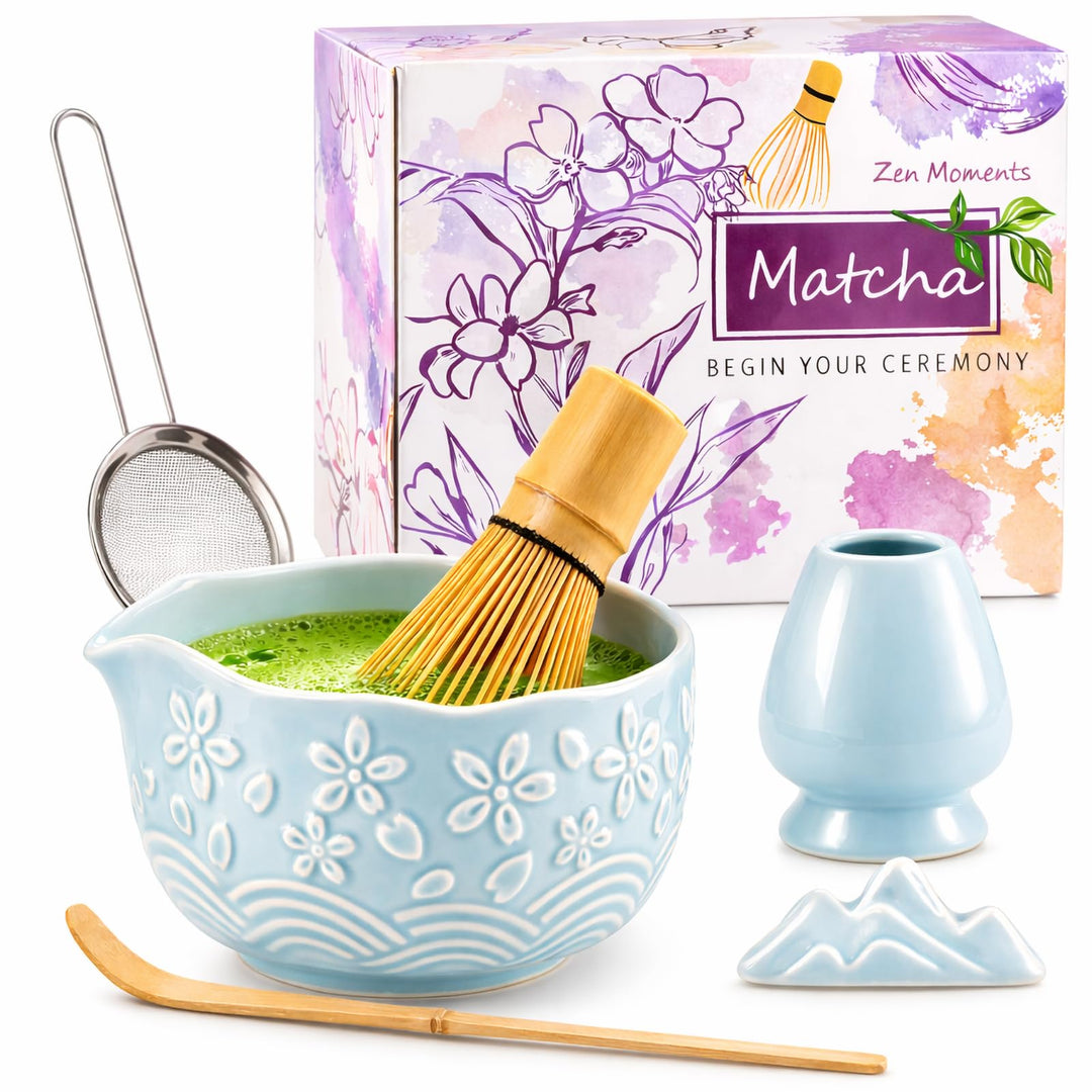 7PCS Matcha Set，500ML Ceramic Matcha Bowl with Spout，Matcha Broom and Holder, Bamboo Scoop, Stainles