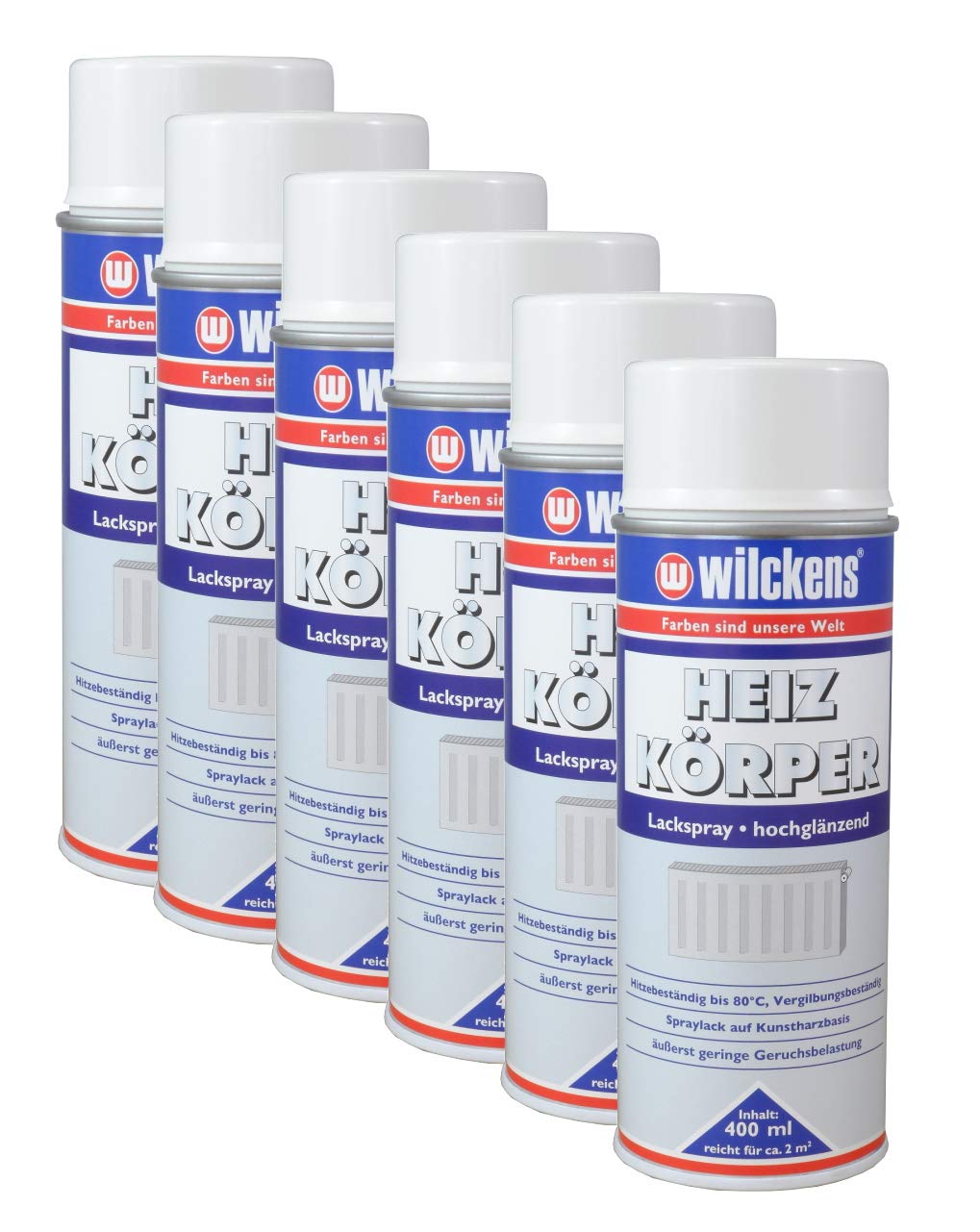 6x Wilckens Heizkörperlackspray weiss hochglänzend 400ml Heizung Lackspray Spraydose für Heizkörper