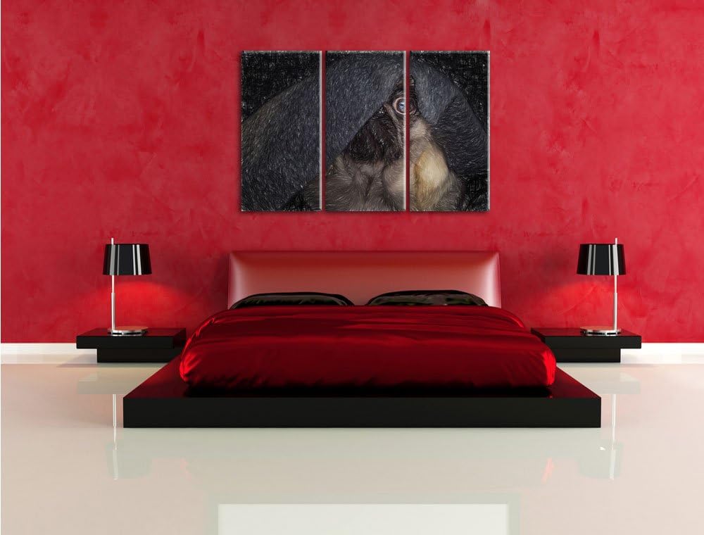 Pixxprint Mops Decke / 3-Teilig/Gesamtmass 120cm Leinwandbild bespannt auf Holzrahmen/Wandbild Kunst
