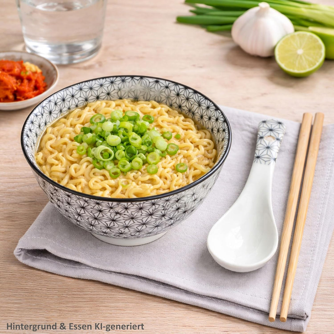MamboCat Sushi Set für 4 Personen I asiatisches Geschirr Set aus Keramik &amp; Bambus I schwarz weiss I