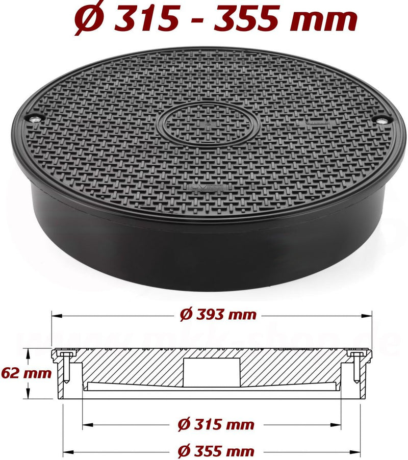 Kanalschachtdeckel Ø 315-355 mm 7,5 T Kanaldeckel KG Rohr Telskopabdeckung Kanal Verschluss Schacht