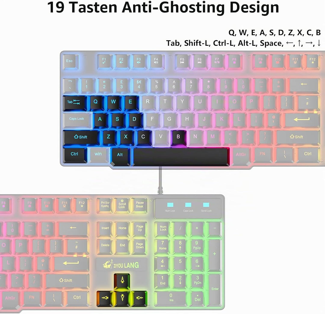 Gaming Tastatur Headset &amp; Maus Set, 104 Tasten Rainbow Backlit UK Layout Tastatur 2400DPI Maus 7.1 S