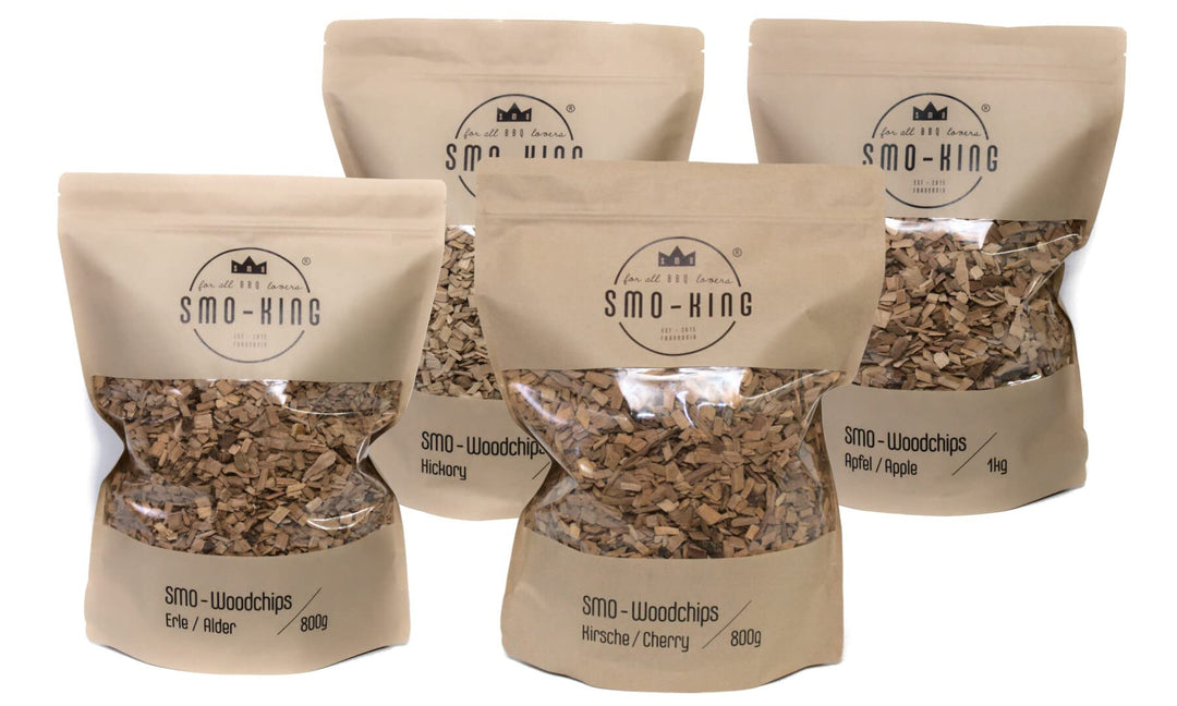 SMO-KING Woodchips BBQ-Bundle | Erle - Hickory - Kirsche - Apfel | Räucherchips, Räucherholz, Räuche