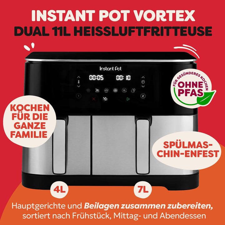 Instant Pot Vortex Dual PFAS-freie Heissluftfritteuse, gross, 11 l, zwei Körbe, 7 l + 4 l, 8 in 1 –