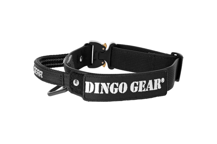 Dingo Gear Hundehalsband mit Cobra Schnalle und Griff, Farbe Schwarz, Band Breite 4 cm Länge 49-59 c