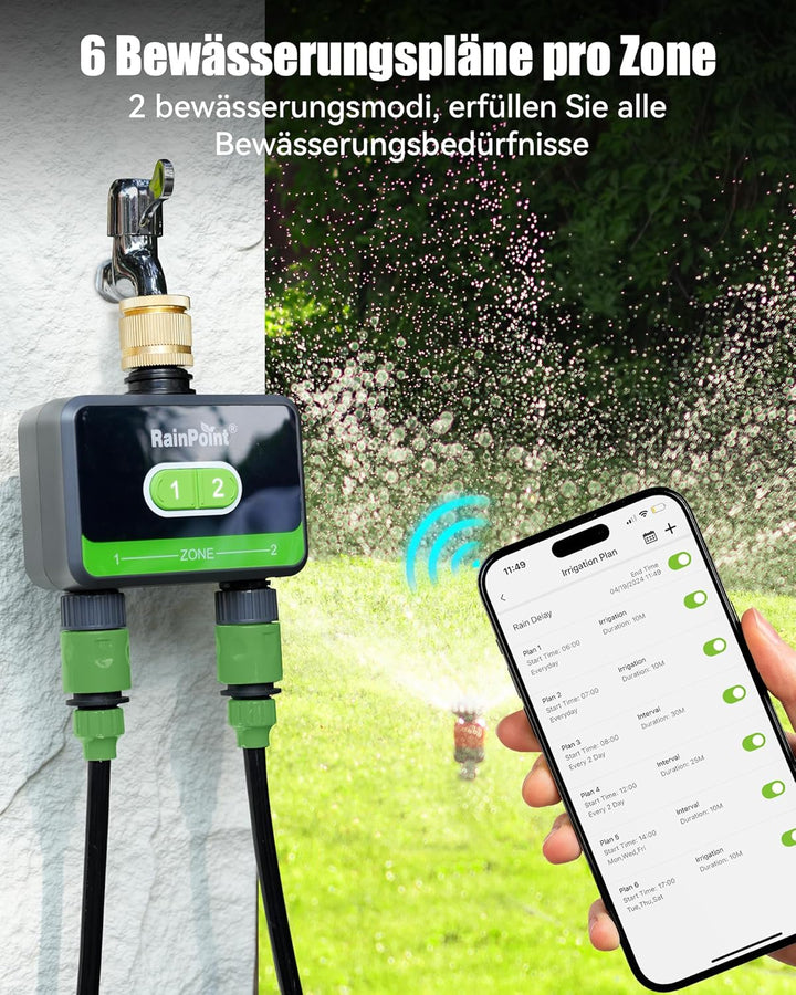 RAINPOINT Bewässerungscomputer WLAN 2 Ausgänge, Messingeinlass, Automatische Garten Bewässerungsuhr