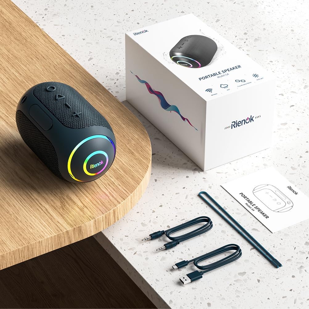 RIENOK Bluetooth Lautsprecher Musikbox mit LED-Licht Bluetooth 5.3 Klein Tragbar Stereo Kabellos Box