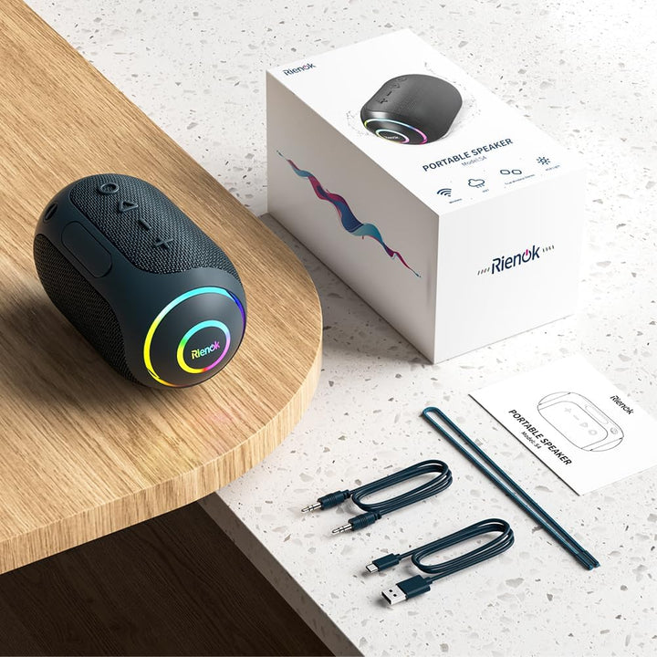RIENOK Bluetooth Lautsprecher Musikbox mit LED-Licht Bluetooth 5.3 Klein Tragbar Stereo Kabellos Box