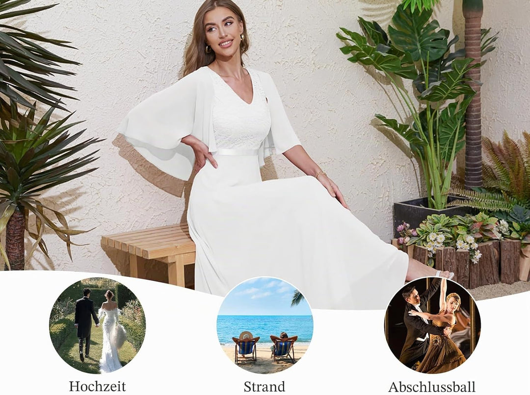 DRESSTELLS Abendkleid Damen Festlich Spitzenkleid für Hochzeit Chiffon Cape Ärmel Ballkleid Elegant