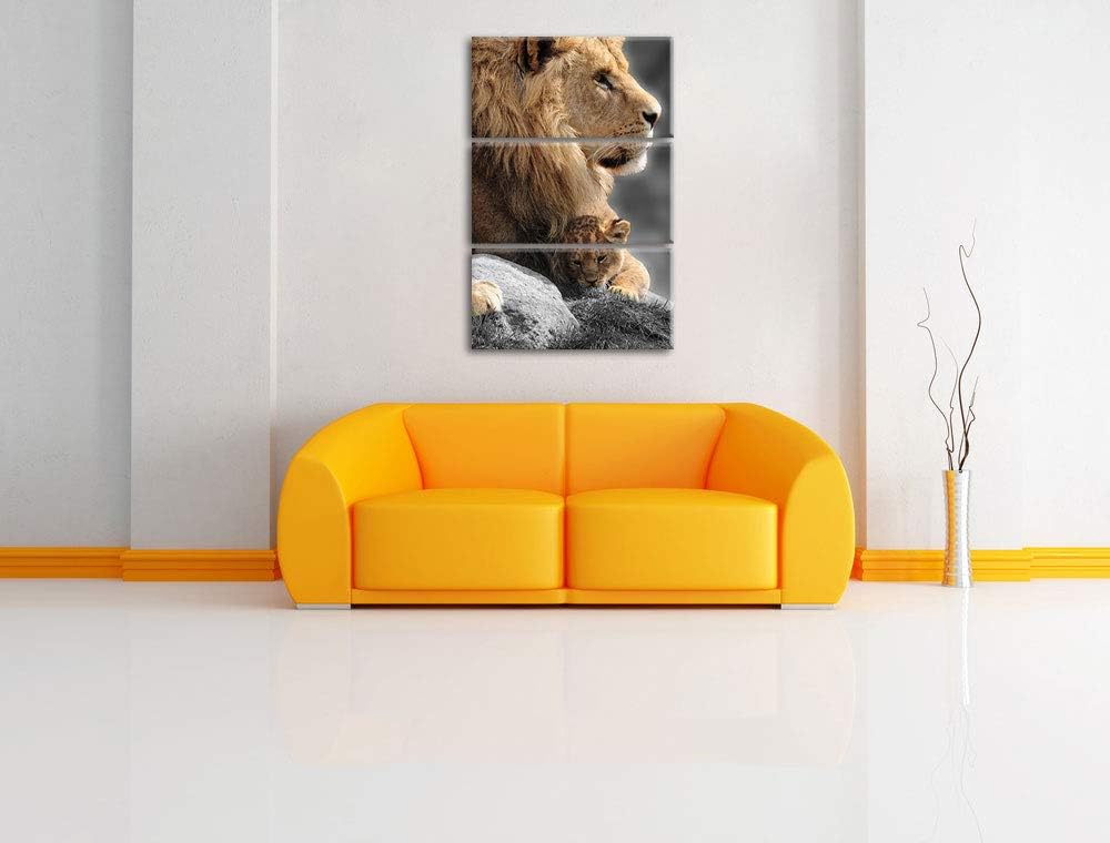 Löwe beschützt sein Löwenbaby schwarz/weiss 3-Teiler Leinwandbild 120x80 Bild auf Leinwand, XXL ries