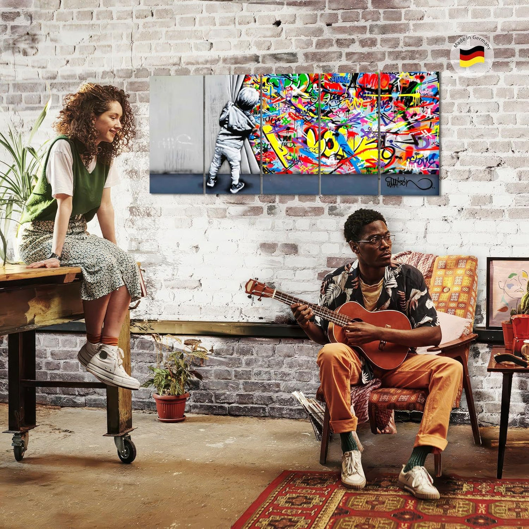 Runa Art Wandbild XXL Banksy Behind the curtain Loft Wohnzimmer 200 x 80 cm Graffiti 5 Teilig - Made