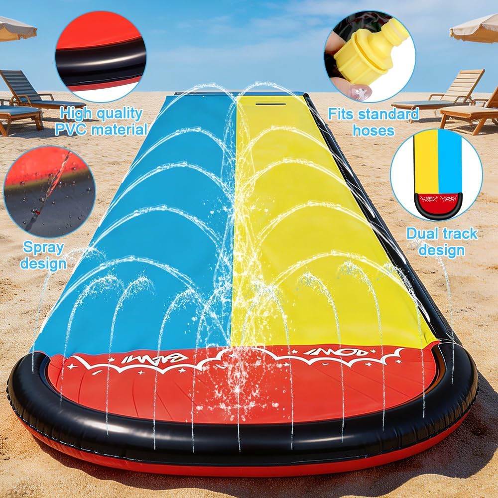 Foreverup 610CM Wasserrutsche Garten für Kinder,Wasserrutschmatte mit 2 Bodyboards, Aufblasbare Wass