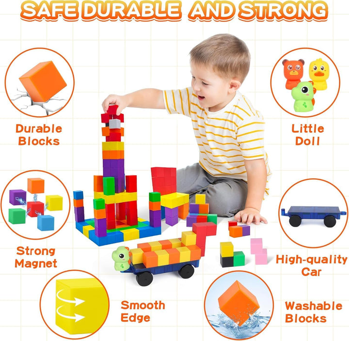 LONEEDY 60er-Pack magnetisches Bausteinset mit Tierfiguren und magnetischem Wagen – Magnetkonstrukti
