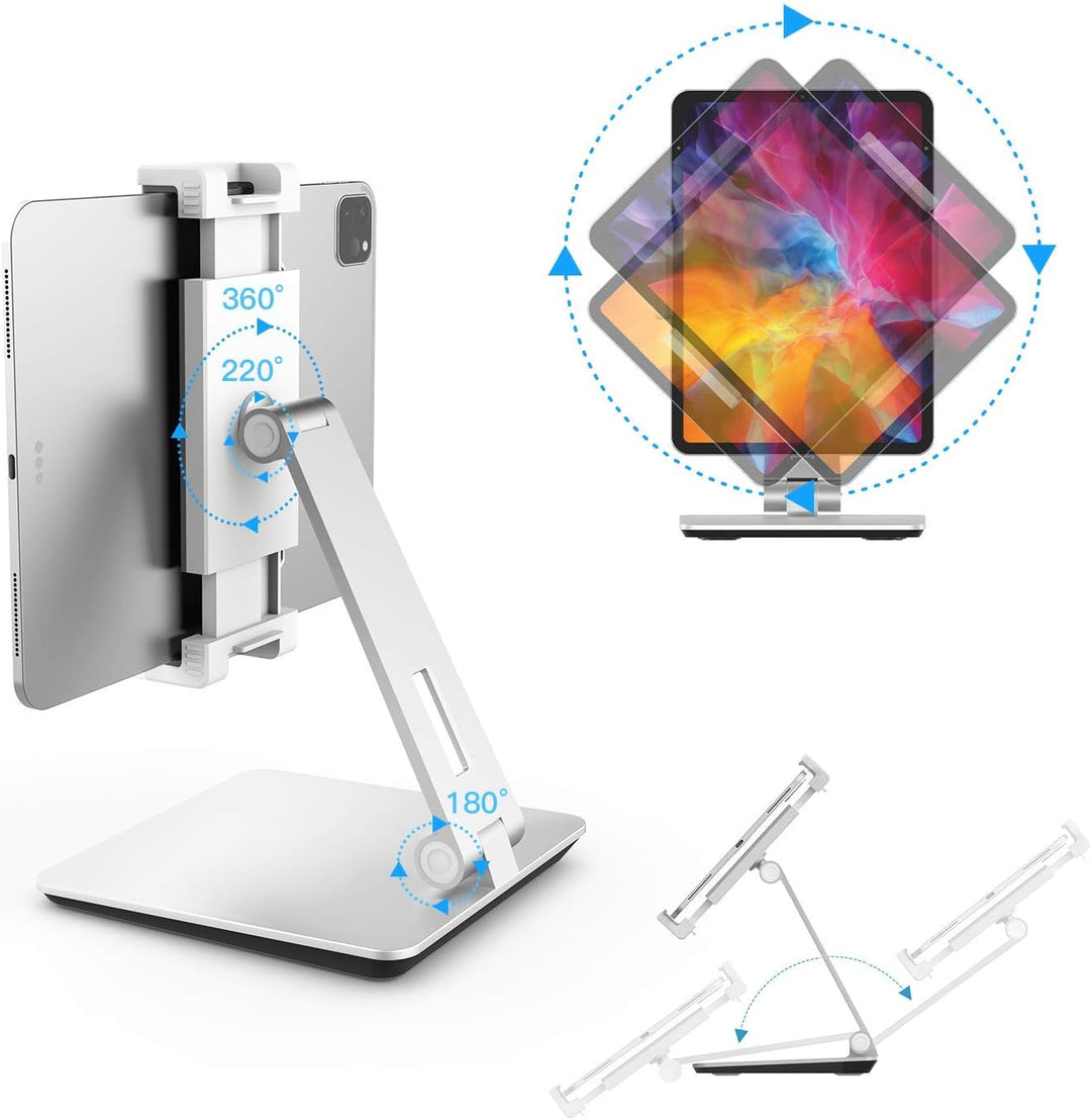 QinCoon Tablet Ständer, Verstellbar Heavy Duty Aluminium Halterung, 360° Drehen Faltbar Metall Table