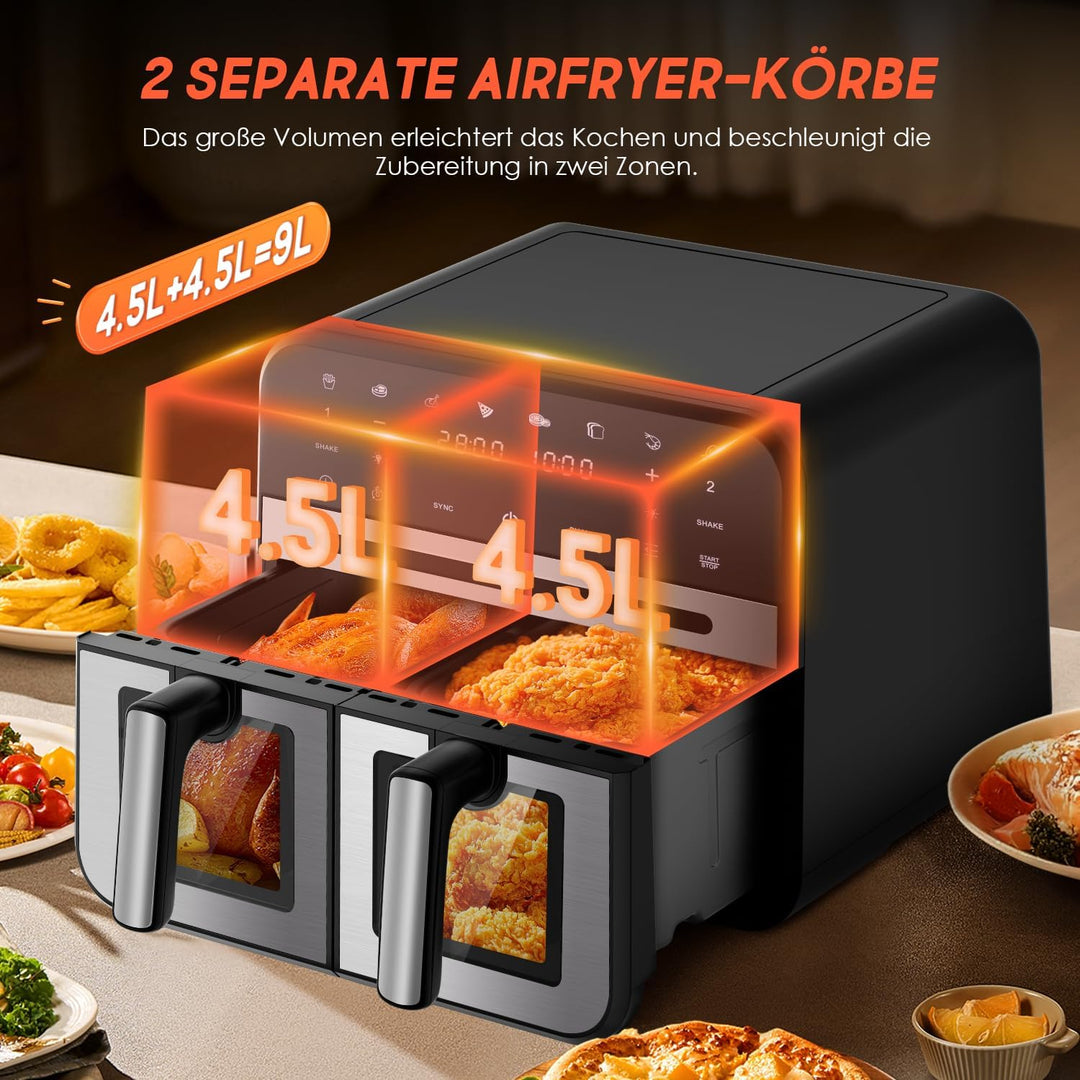 Airfryer,Heissluftfritteuse 2 kammern,8 Programme,Heissluftfritteuse mit Touchscreen,Spülmaschinenfe