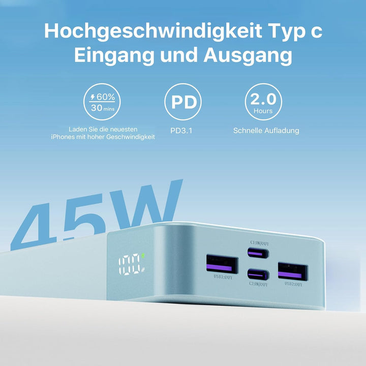 JUOVI Tragbare Powerbank 20000mAh Schnellladefunktion, 45W Akku Pack Power Bank Schnellladen 2 USB-C
