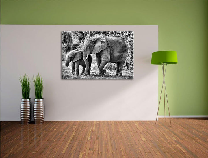 Pixxprint Elefantenkuh neben Jungtier / 100x70cm Leinwandbild bespannt auf Holzrahmen/Wandbild Kunst