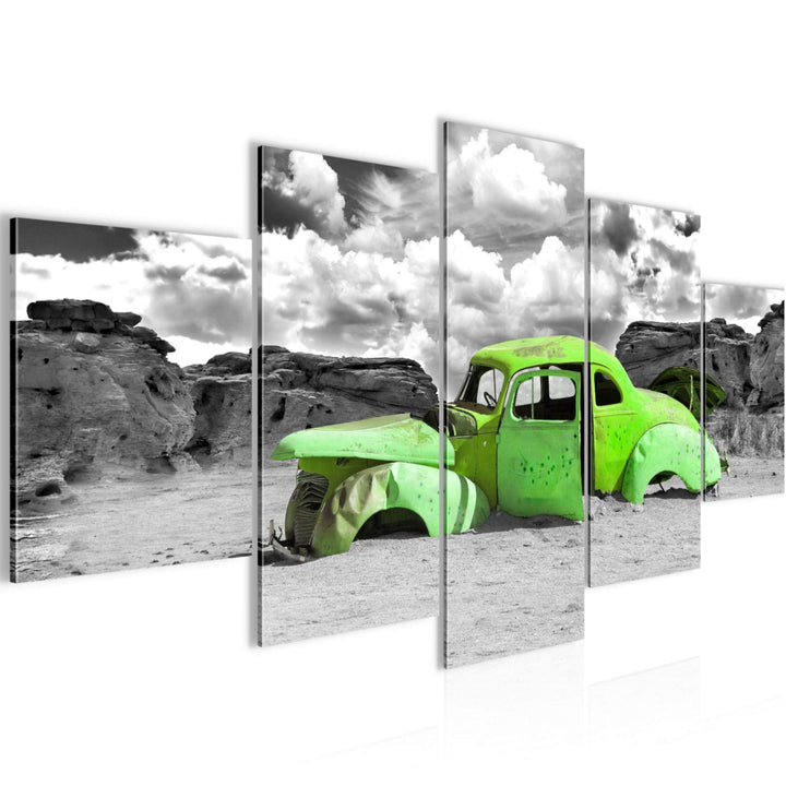 Runa Art Wandbilder Auto Oldtimer 5 Teilig Bild auf Vlies Leinwand Deko Wohnzimmer Vintage Grün Grau