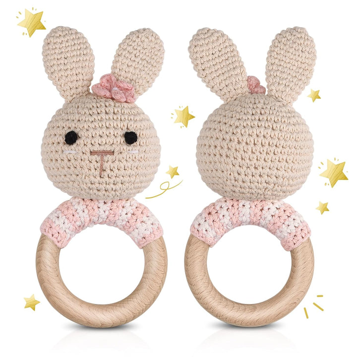 Gehäkelte Babyrassel - Häkeln Holz Greifling Handmade geschenk zur geburt Mädchen und Junge Geschenk