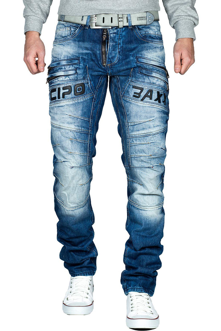 Cipo & Baxx Herren Jeans im Bikerstyle – Regular Fit oder Slim Fit | Stone Washed Denim mit Ziernäht