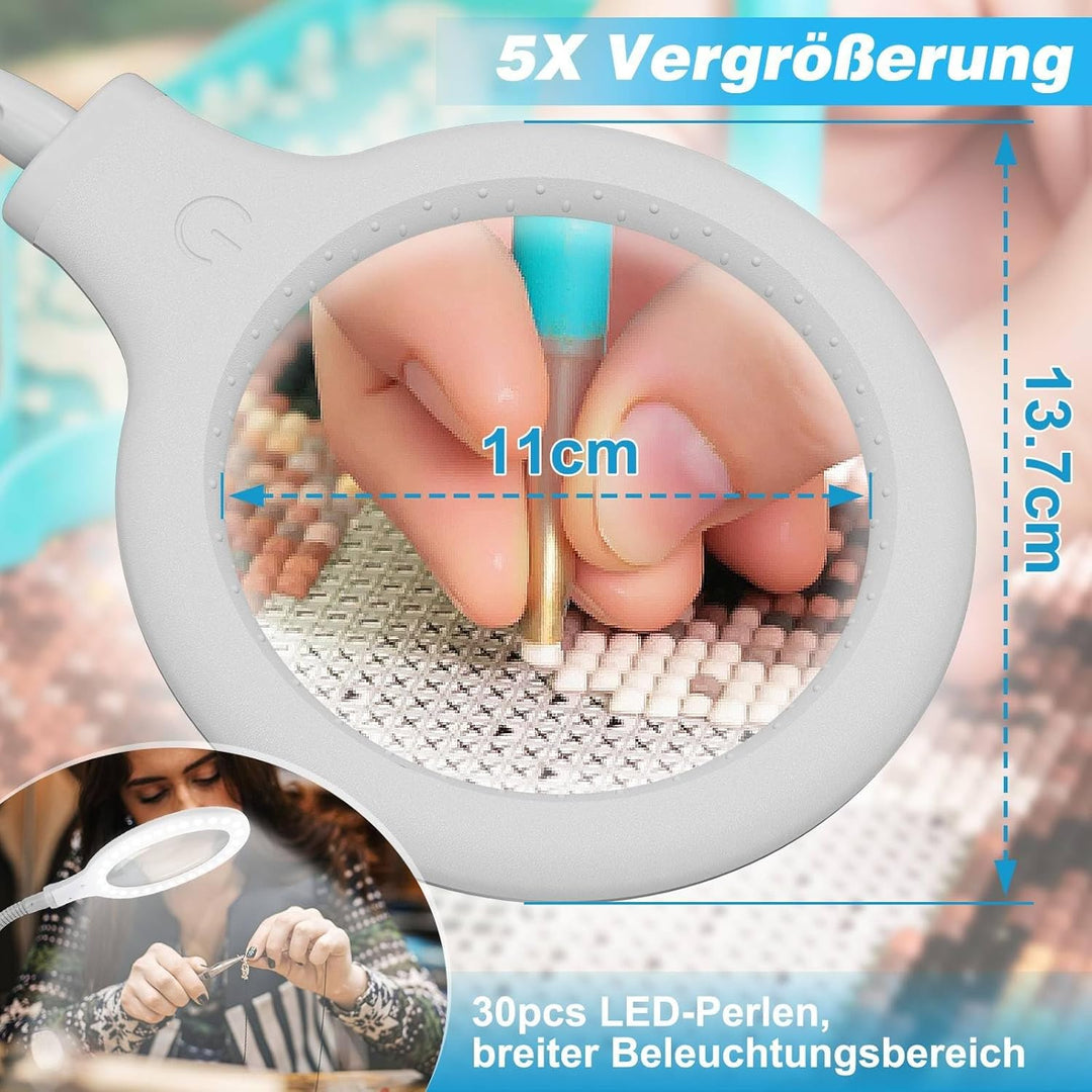 Lupe mit Licht 5-Fache, Dimmbare Lupenlampe mit Licht und Ständer für senioren gross Lupenleuchte, L