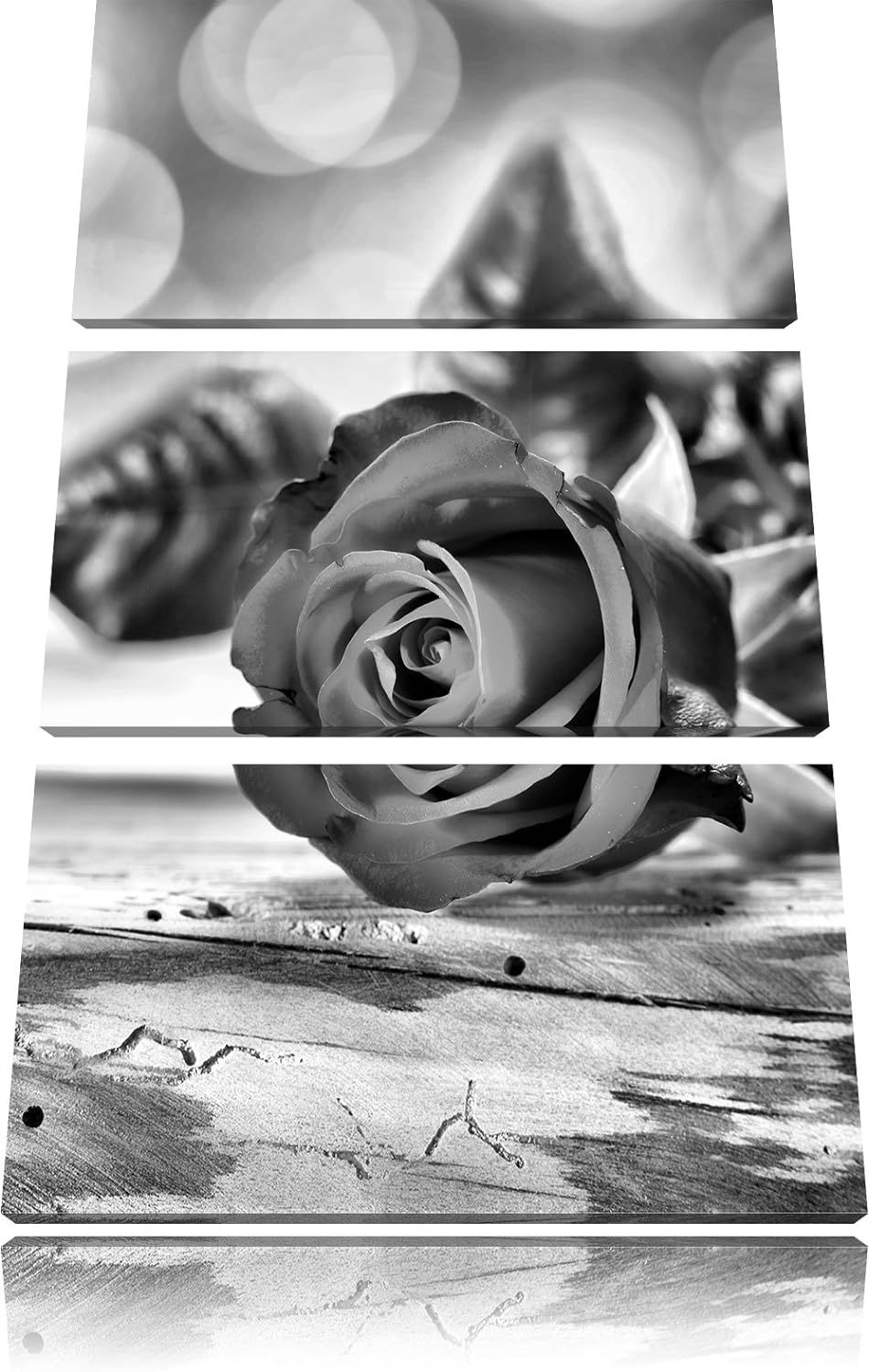 Pixxprint Rose auf Holztisch als Leinwandbild/Grösse: 3 Teilig (120x80) cm/Wandbild/Kunstdruck/ferti