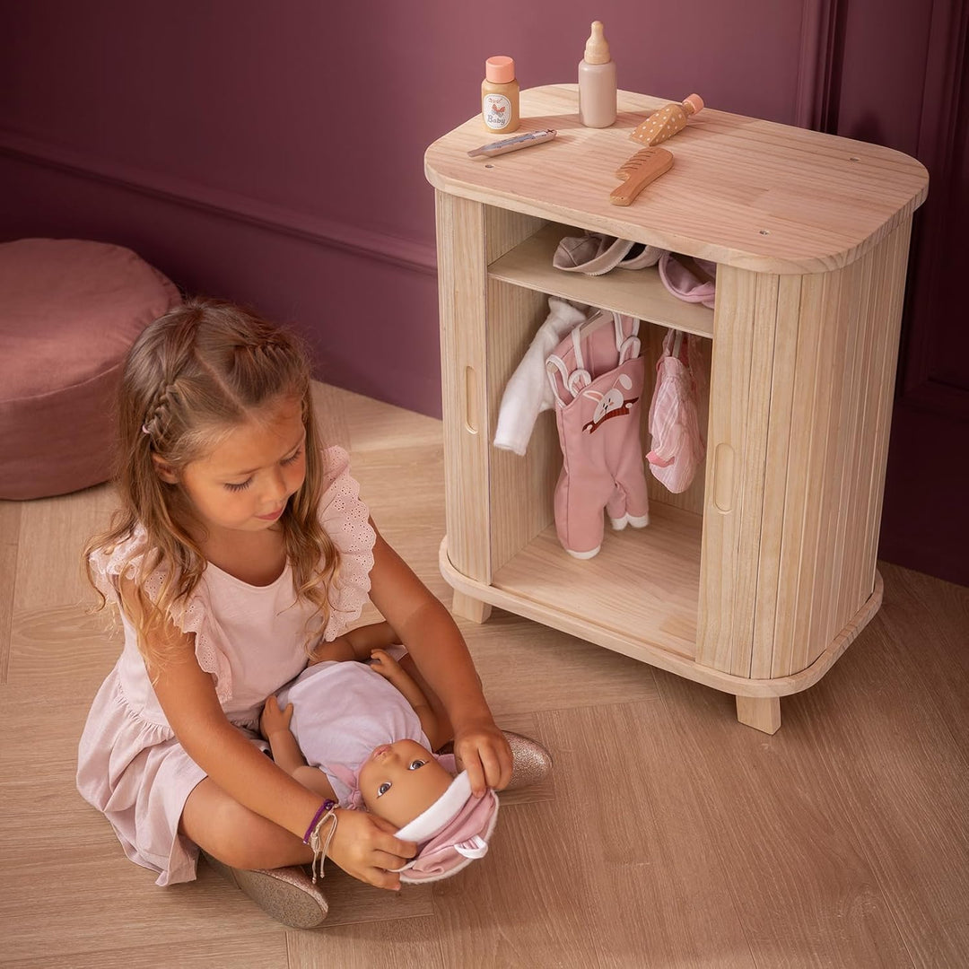 howa Puppenschrank Holz Grace - Puppenmöbel Kleiderschrank für Puppen mit Schiebetür, Kleiderstange,