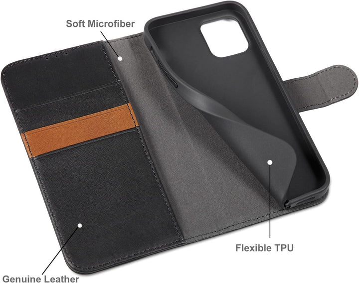 LENSUN Echtleder Hülle für iPhone 12, iPhone 12 Pro Handyhülle [Echtes Leder][Magnetverschluss][RFID