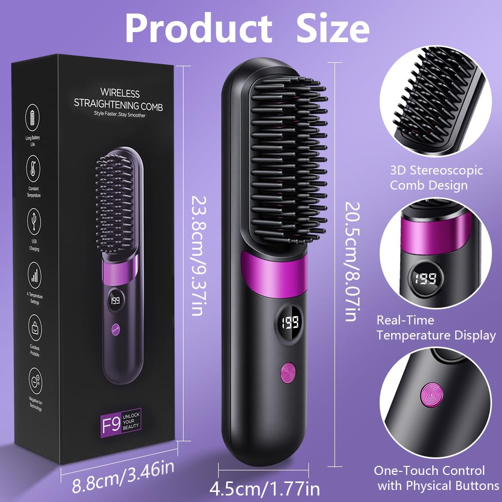 LOPHE Glättbürste, 2 in 1 Haarglätter Bürste mit LED Display, Hair Straightener Kabellos und Verbrüh