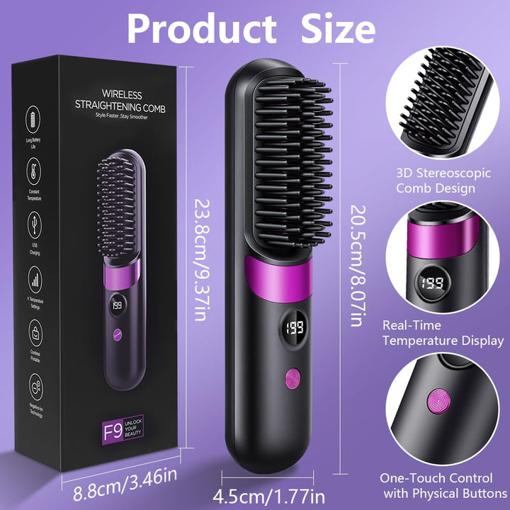 LOPHE Glättbürste, 2 in 1 Haarglätter Bürste mit LED Display, Hair Straightener Kabellos und Verbrüh