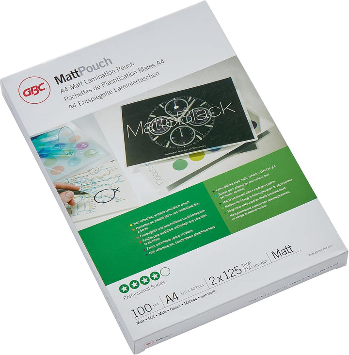 GBC Laminierfolien A4 Matt 125 mic, Beschriftbare Oberfläche, Robuste Laminiertaschen im 100er Pack,