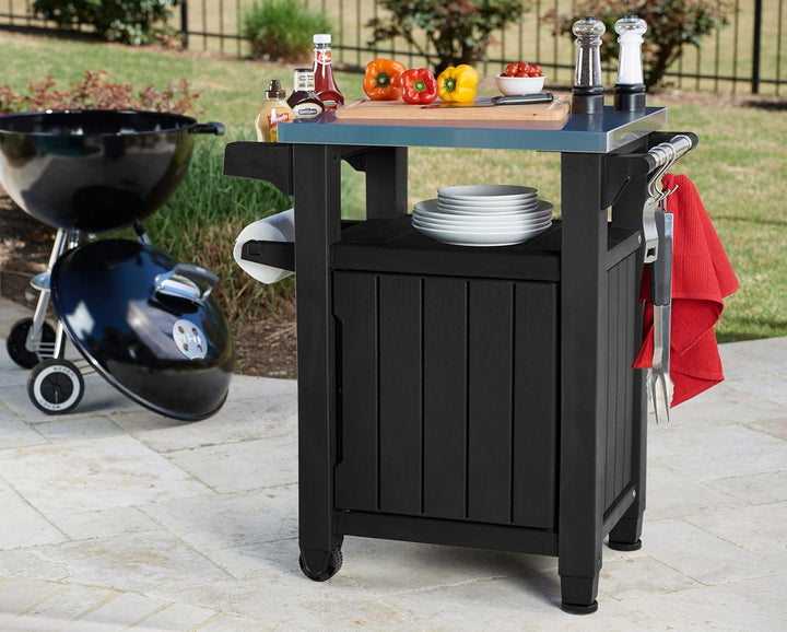 Grilltisch mit Edelstahlserviceplatte, anthrazit, 150 Liter Stauraum - EIN multifunktionale Helfer,