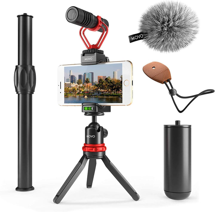 Movo VXR10+ Smartphone Video Rig mit Mini Stativ, Phone Grip und Video Mikrofon Kompatibel mit iPhon