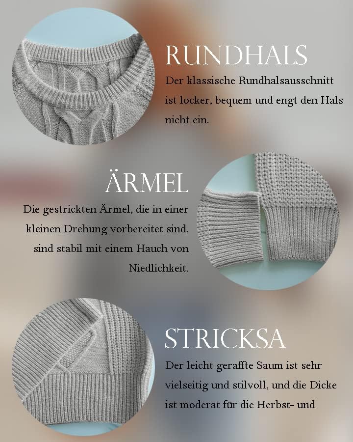 ANCAPELION Damen Kabel Pullover,Winter Casual Leicht Rundhals Langarm Einfarbig Elegant Gerippt Stri