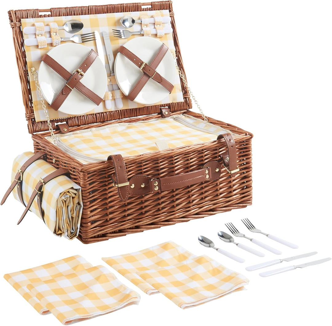 casa.pro Picknickkorb für 4 Personen Brindisi Komplettset mit Kühlfach Weiden Flechtkorb Picknick Se